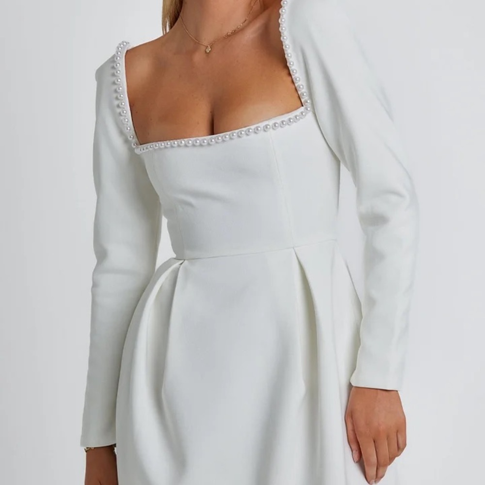 Elegant White Long-Sleeve Pearl-Trim Dress